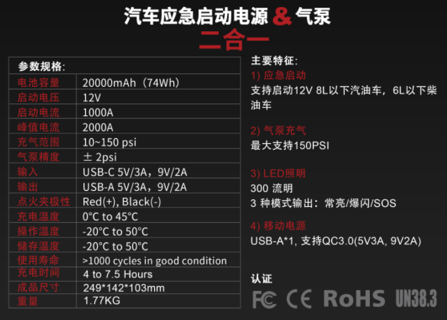 汽車應急啟動電源Lokithor參數(shù)功能表