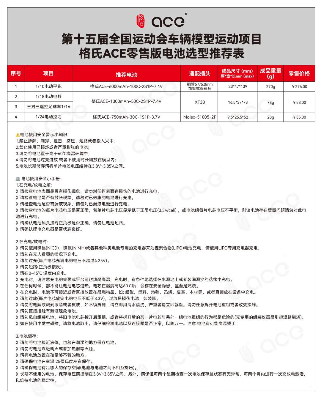 車輛模型項(xiàng)目-格氏電池選型推薦表